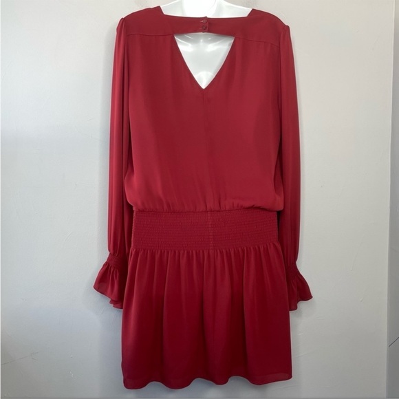 CHELSEA28 Burgundy Mini Dress Size Small Boho Long Ruffle Sleeve Smocked - Picture 5 of 8